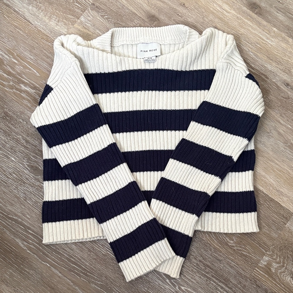 Pink Rose Navy and Cream Striped Rib-Knit Crew Sweater